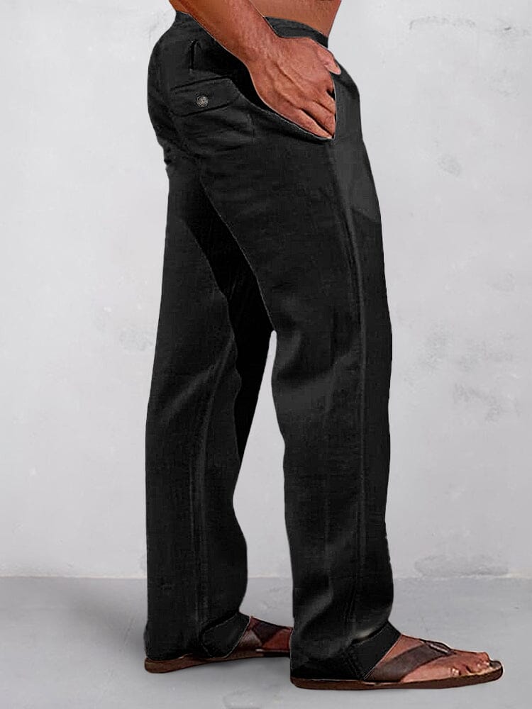 Casual Uni Elastische Waist Baumwolle Leinen Straight Hose