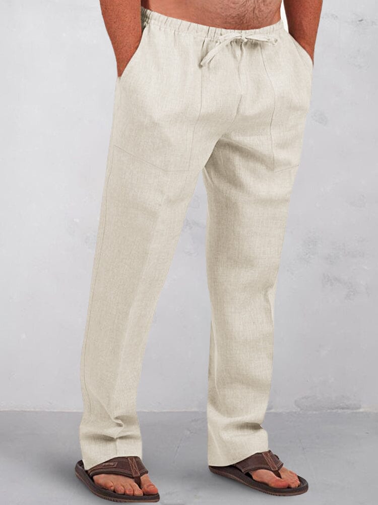 Casual Uni Elastische Waist Baumwolle Leinen Straight Hose
