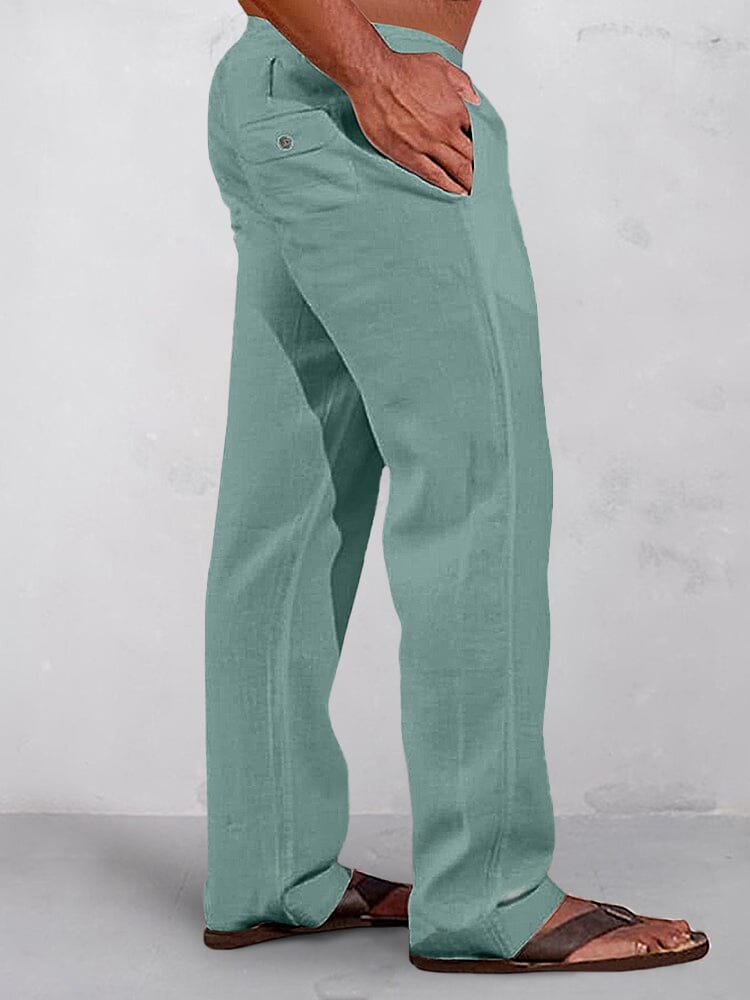Casual Uni Elastische Waist Baumwolle Leinen Straight Hose