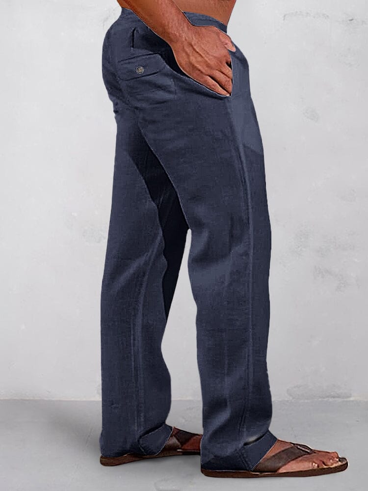 Casual Uni Elastische Waist Baumwolle Leinen Straight Hose