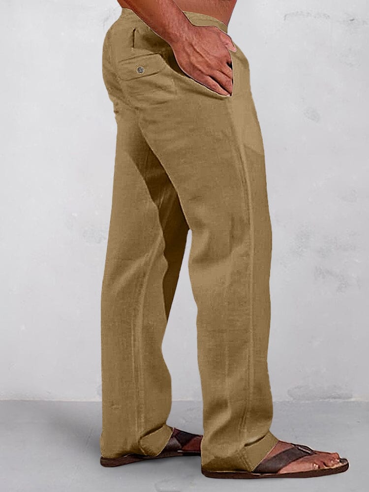 Casual Uni Elastische Waist Baumwolle Leinen Straight Hose