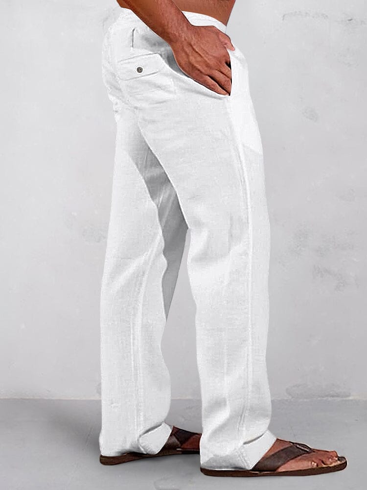 Casual Uni Elastische Waist Baumwolle Leinen Straight Hose