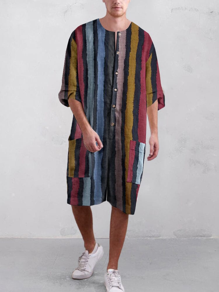 Stripe Baumwolle Leinen Kurz Jumpsuit