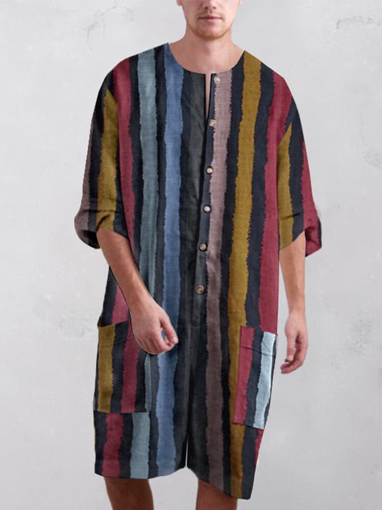 Stripe Baumwolle Leinen Kurz Jumpsuit