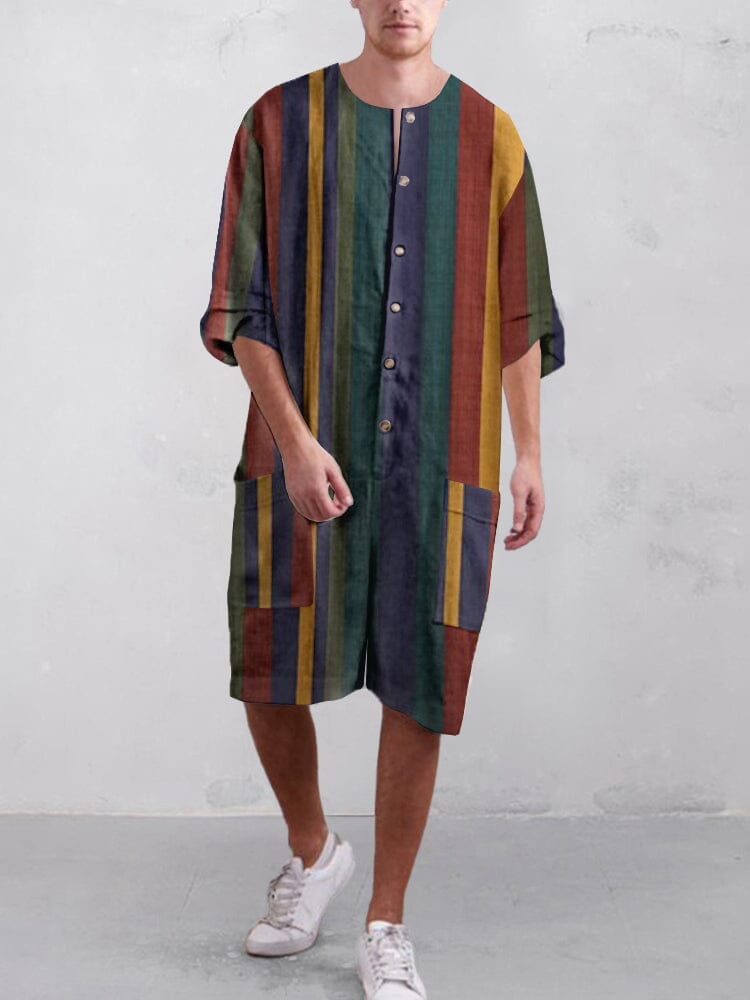 Stripe Baumwolle Leinen Kurz Jumpsuit