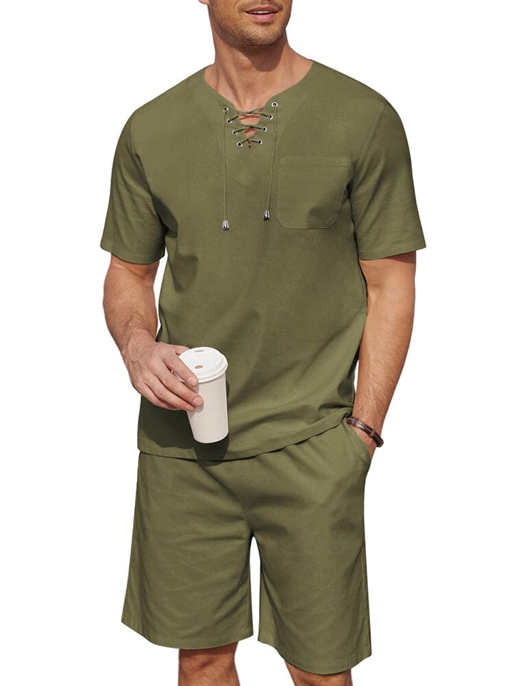 Casual Baumwolle Leinen Lace Up Hemd Set