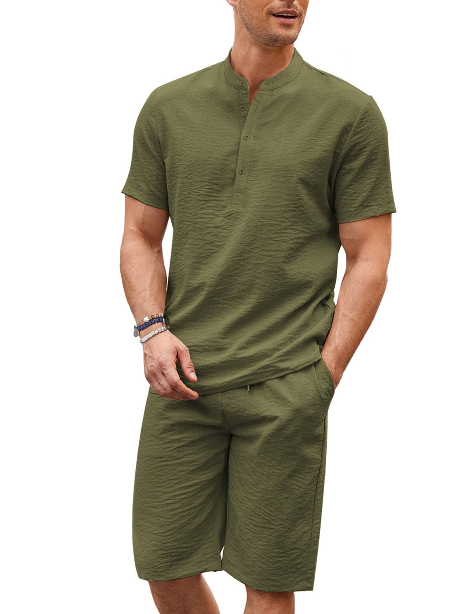 Casual 2 Teile Baumwolle Leinen Henley Hemd Set