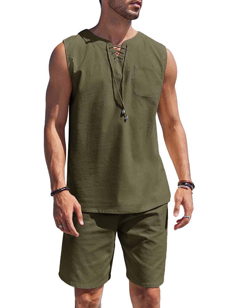 Casual 2 Teil Leinen Drawstring Tank Top Sets