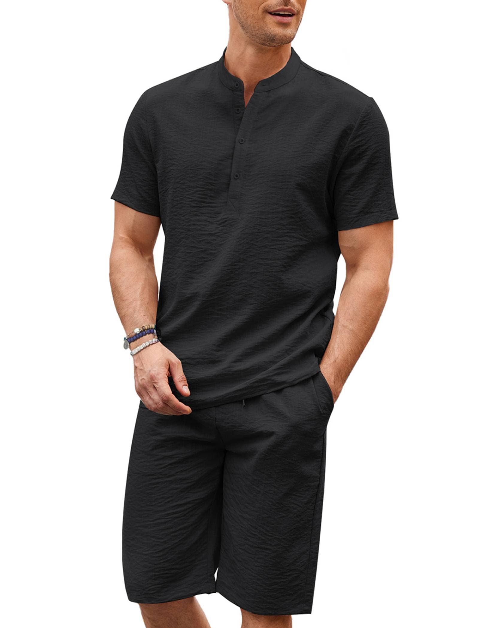Casual 2 Teile Baumwolle Leinen Henley Hemd Set