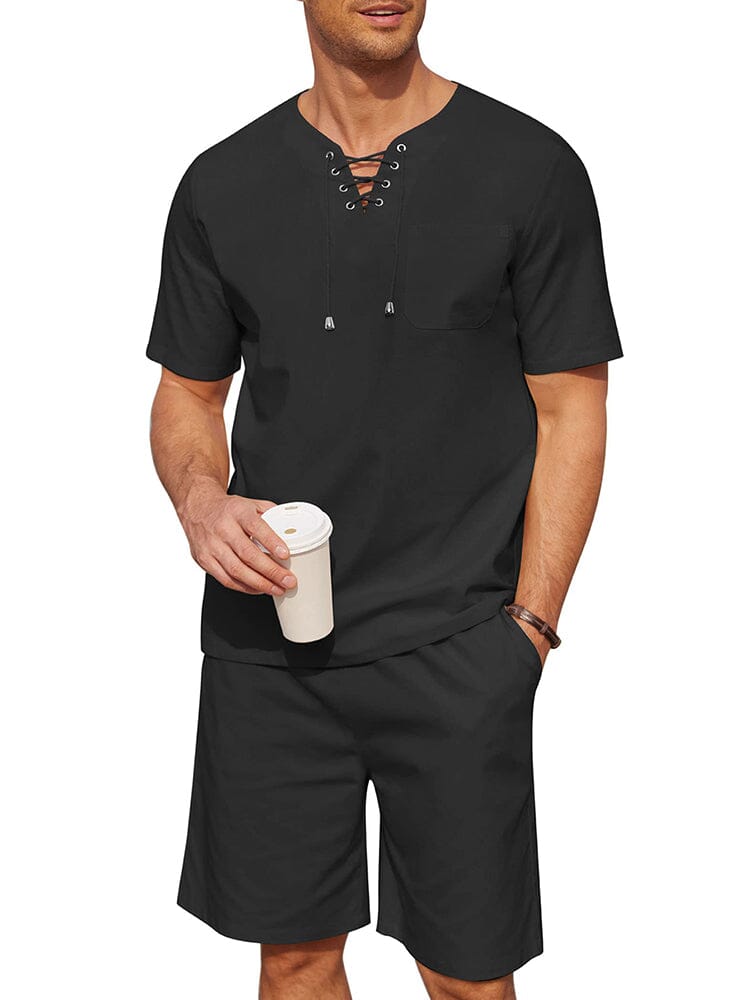 Casual Baumwolle Leinen Lace Up Hemd Set