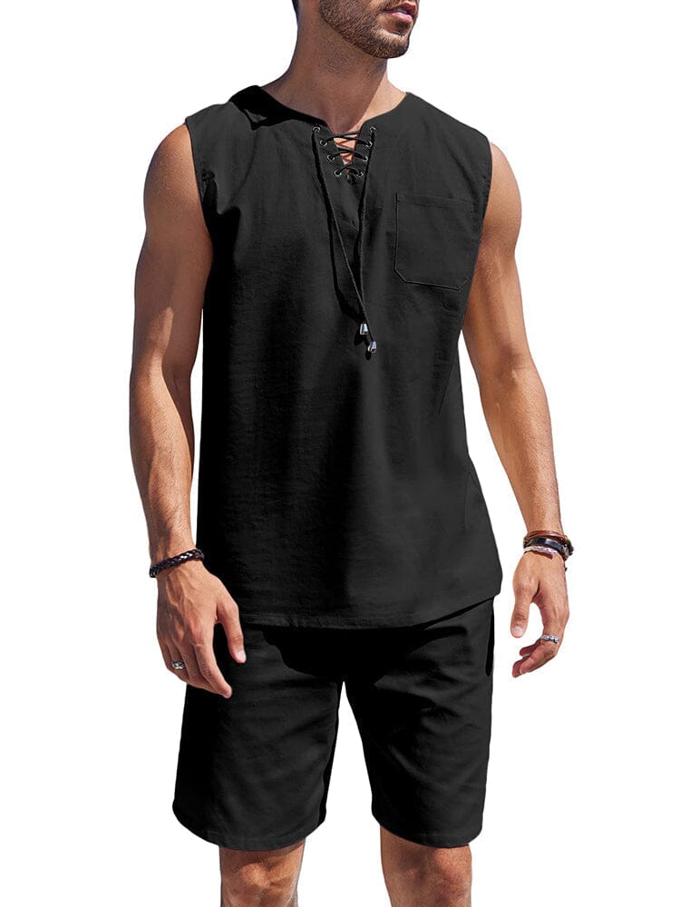 Casual 2 Teil Leinen Drawstring Tank Top Sets