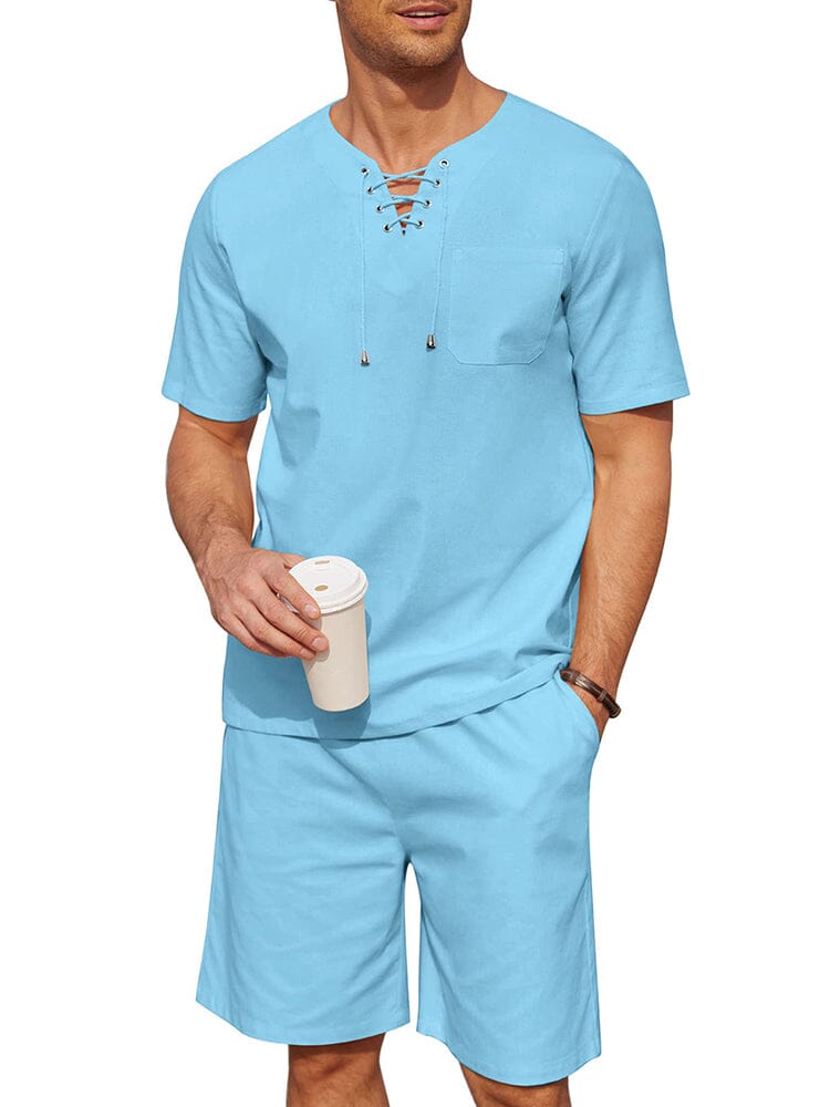 Casual Baumwolle Leinen Lace Up Hemd Set