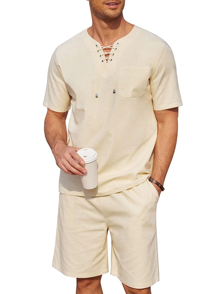 Casual Baumwolle Leinen Lace Up Hemd Set