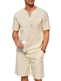 Casual Baumwolle Leinen Lace Up Hemd Set