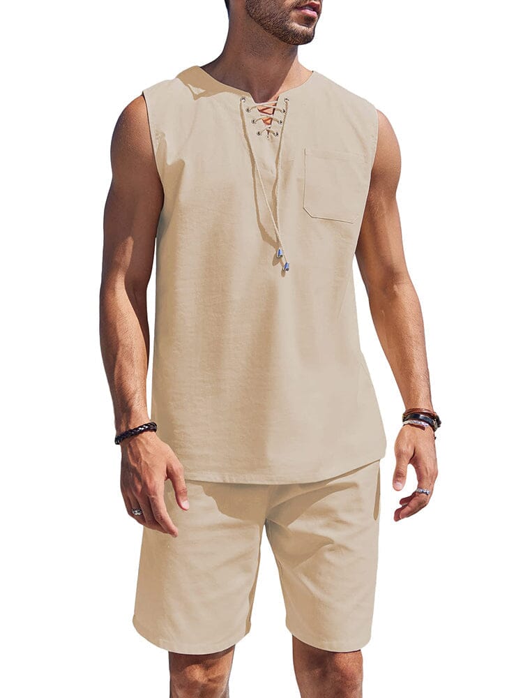Casual 2 Teil Leinen Drawstring Tank Top Sets