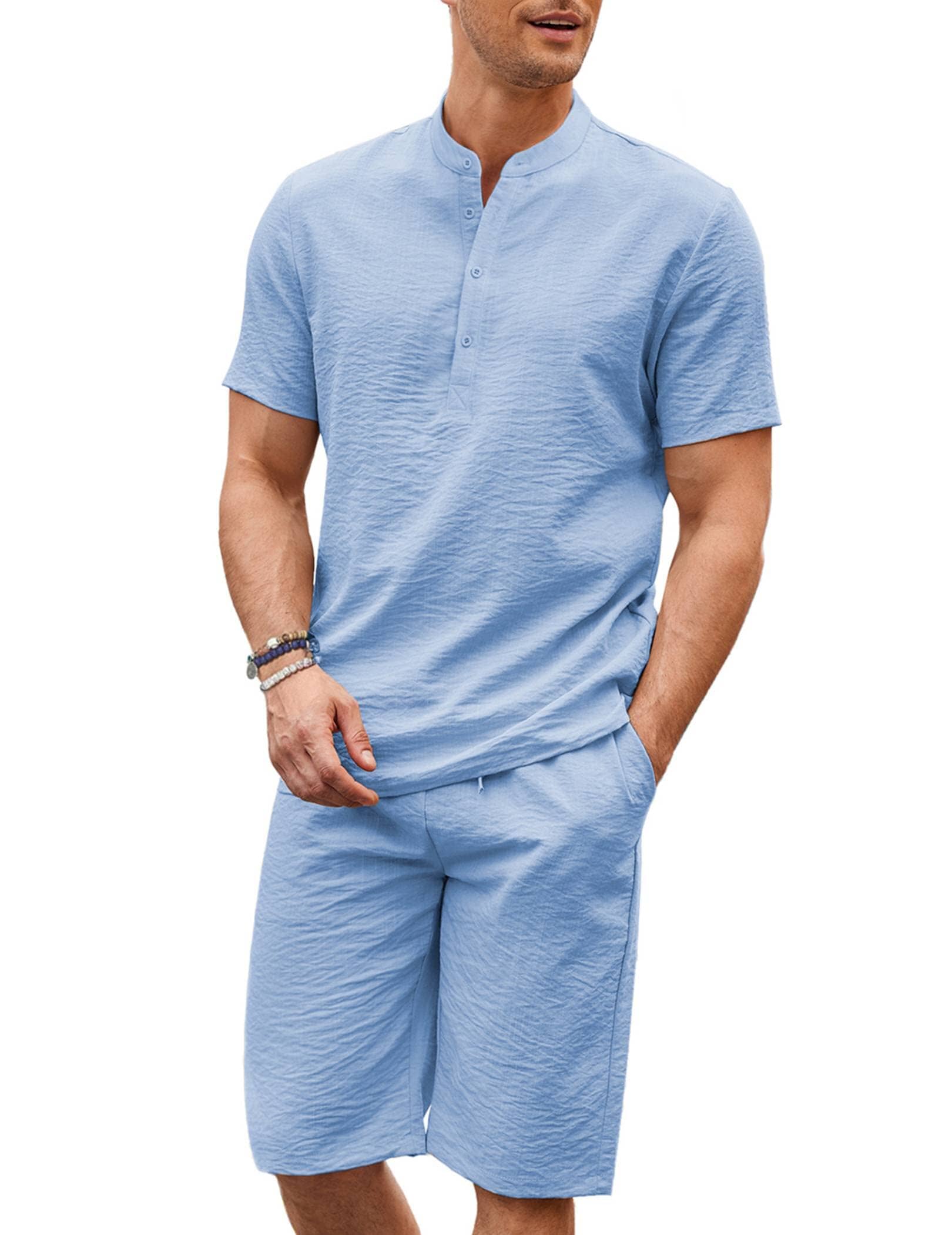 Casual 2 Teile Baumwolle Leinen Henley Hemd Set