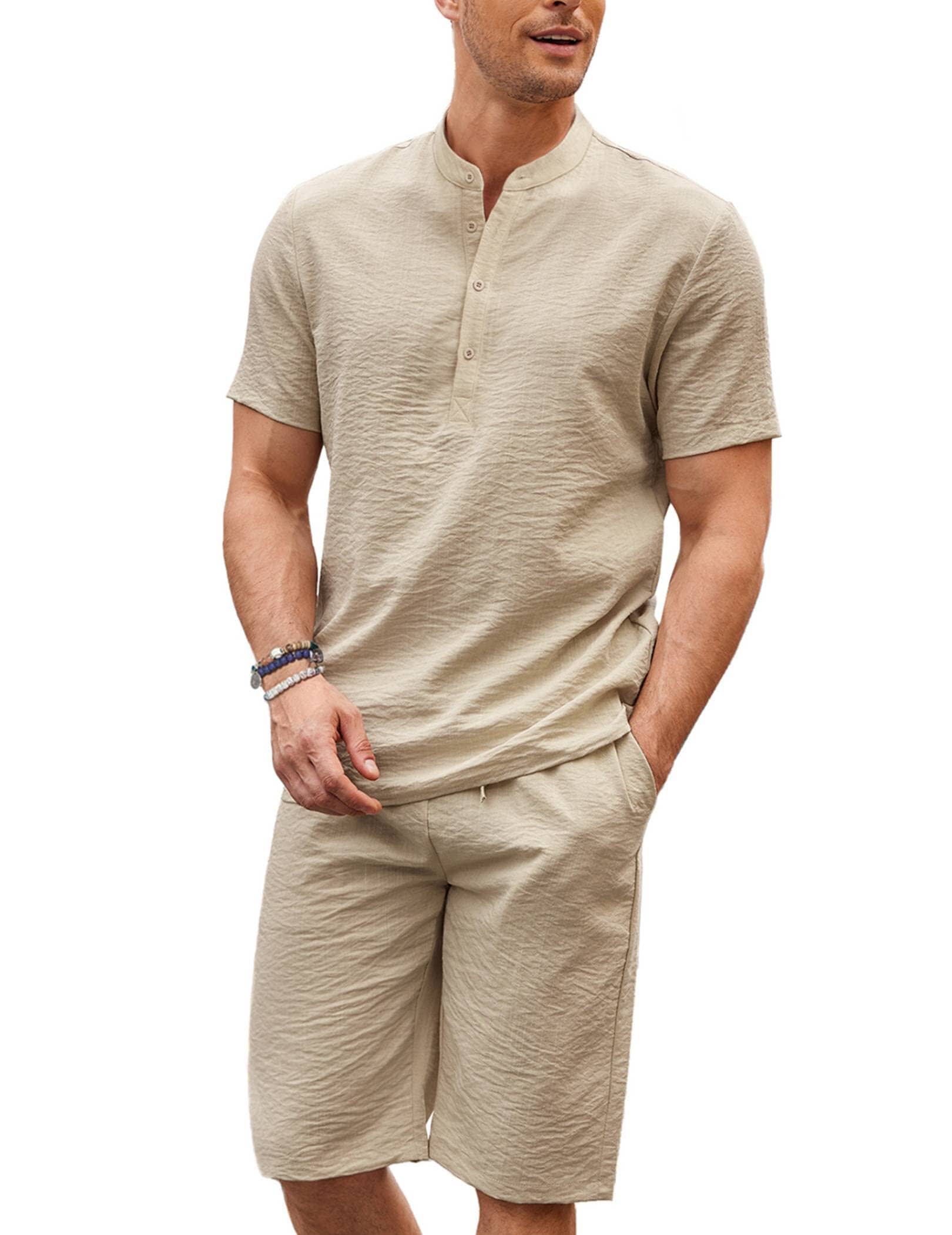 Casual 2 Teile Baumwolle Leinen Henley Hemd Set