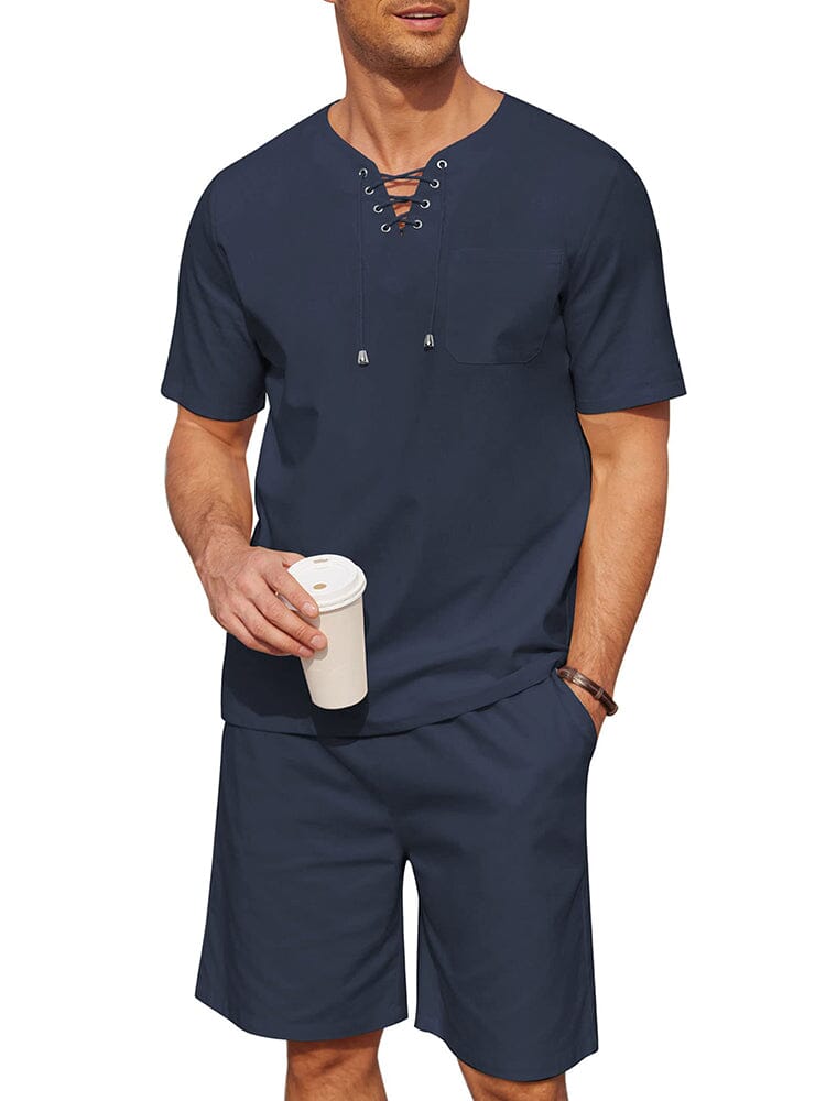Casual Baumwolle Leinen Lace Up Hemd Set
