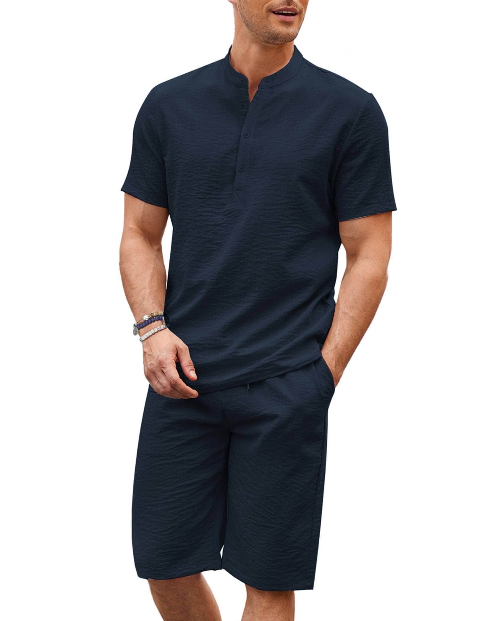 Casual 2 Teile Baumwolle Leinen Henley Hemd Set