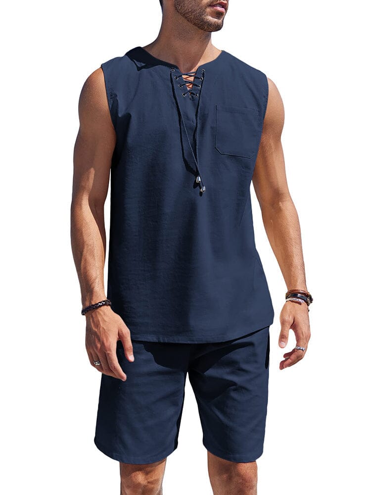 Casual 2 Teil Leinen Drawstring Tank Top Sets