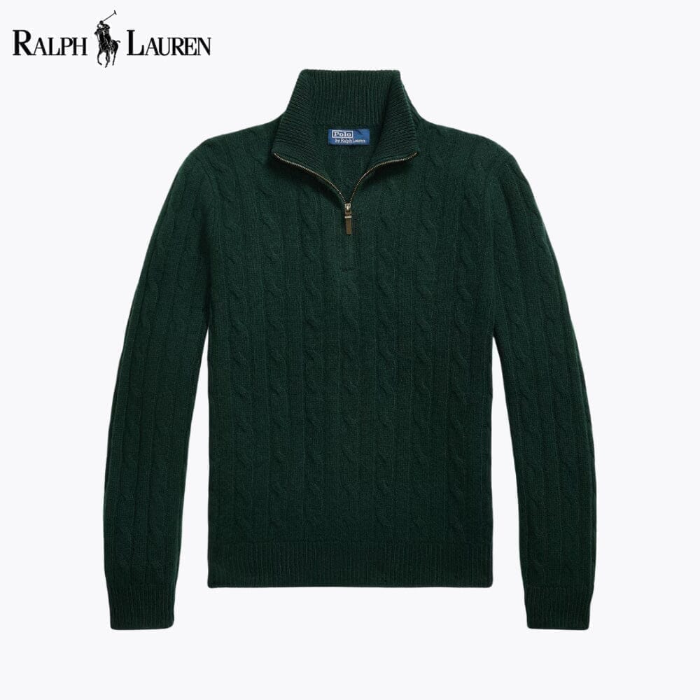 Ralph Lauren Pull En Cachemire Torsadé Col Zippé 1/4 Cercle Héritage Vert S 