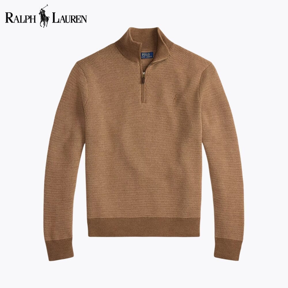Ralph Lauren Pull En Laine Lavable Col Zippé 1/4 Cercle Héritage Camel S 