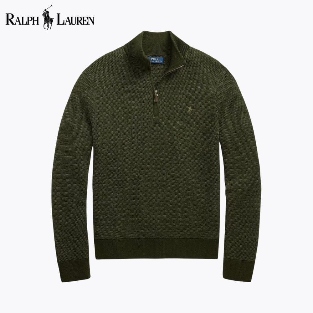 Ralph Lauren Pull En Laine Lavable Col Zippé 1/4 Cercle Héritage Olive S 