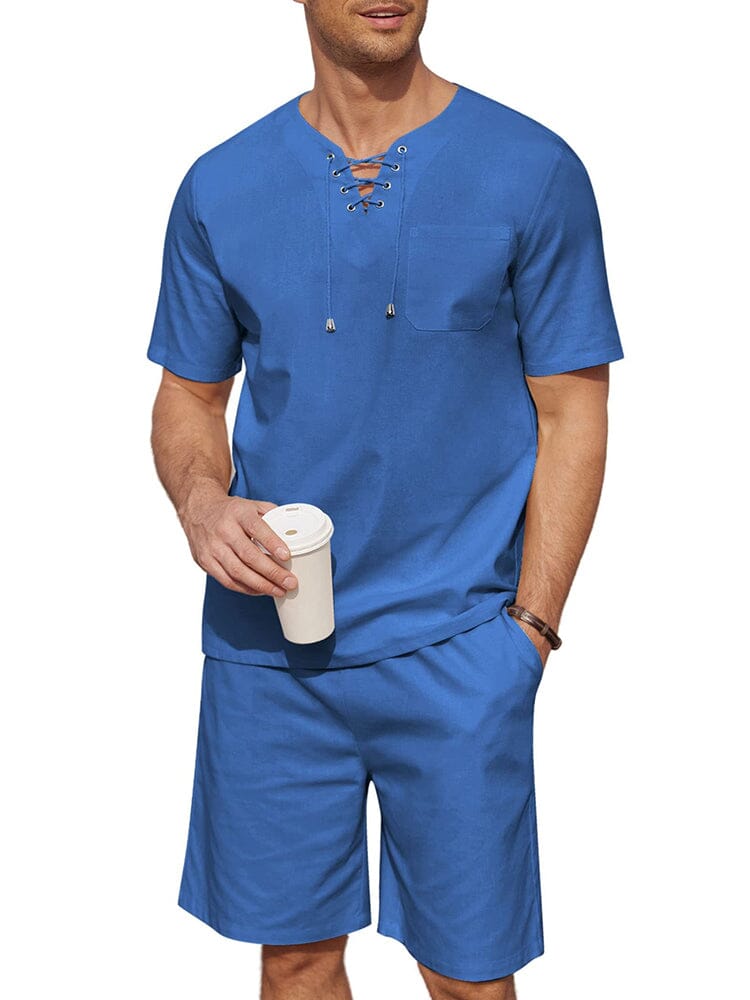 Casual Baumwolle Leinen Lace Up Hemd Set