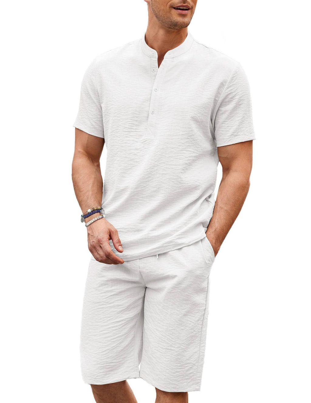 Casual 2 Teile Baumwolle Leinen Henley Hemd Set