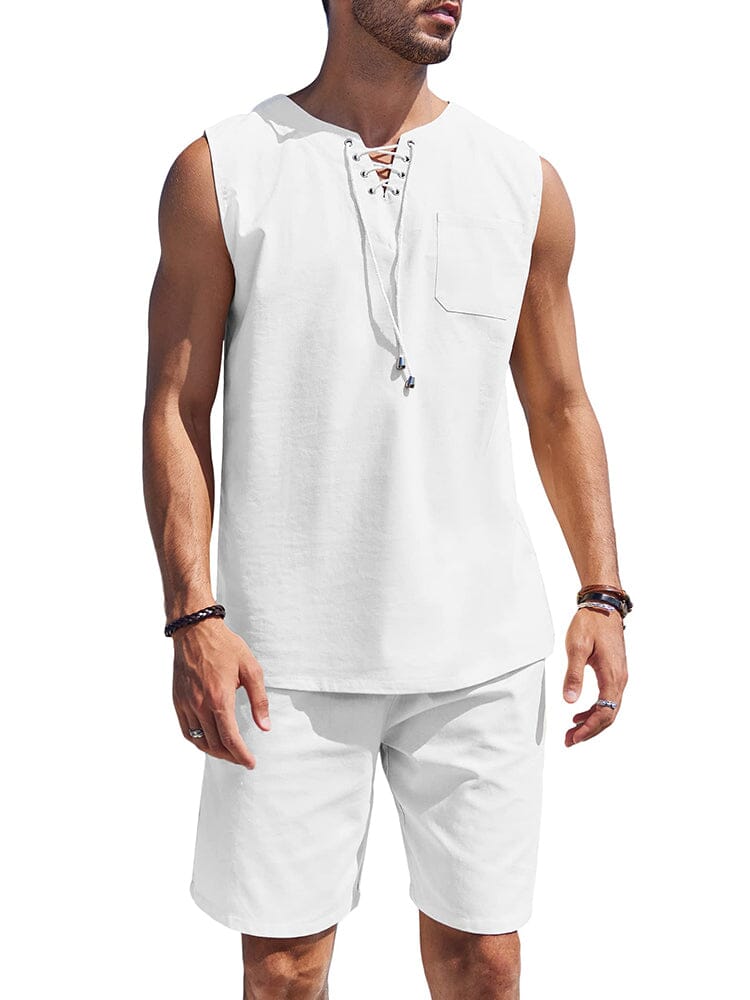 Casual 2 Teil Leinen Drawstring Tank Top Sets