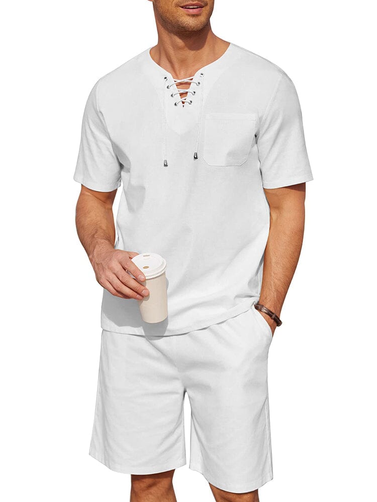 Casual Baumwolle Leinen Lace Up Hemd Set